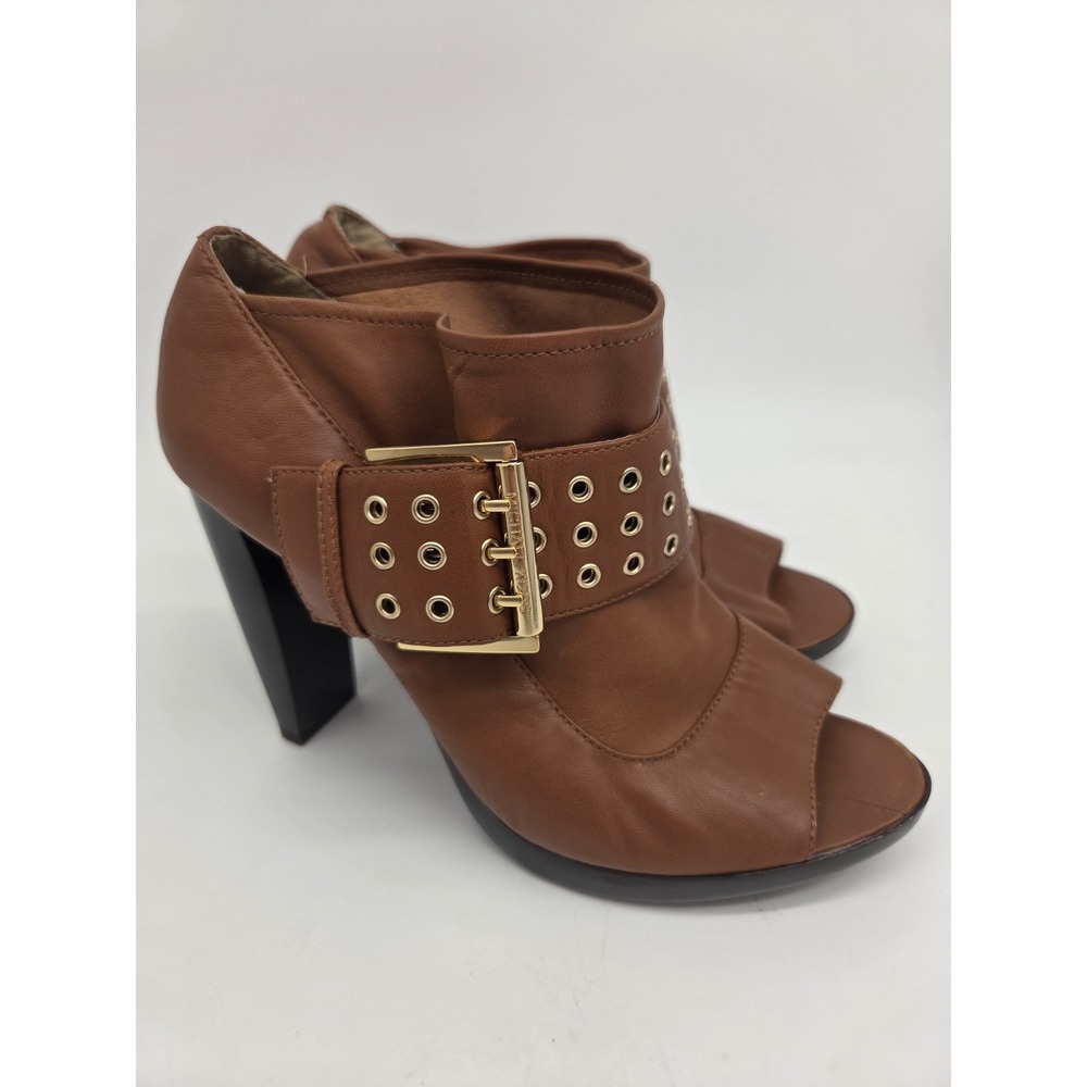 Michael Kors Brown leather St. Marks Peep Toe Heels 10M Cognac Buckle GOld